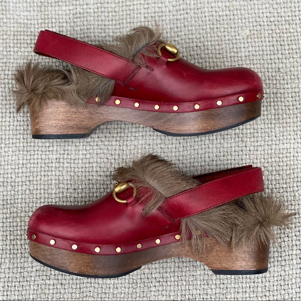 Gucci Amstel Horsebit red leather slingback accent round toe fur trim clogs - Picture 10 of 17